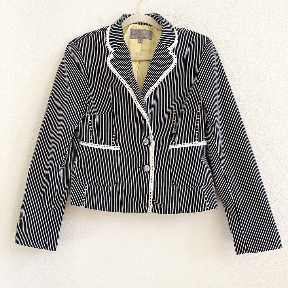 Earl Rutenberg Womens Black‎ White Striped Blazer Jacket Yellow Stitching